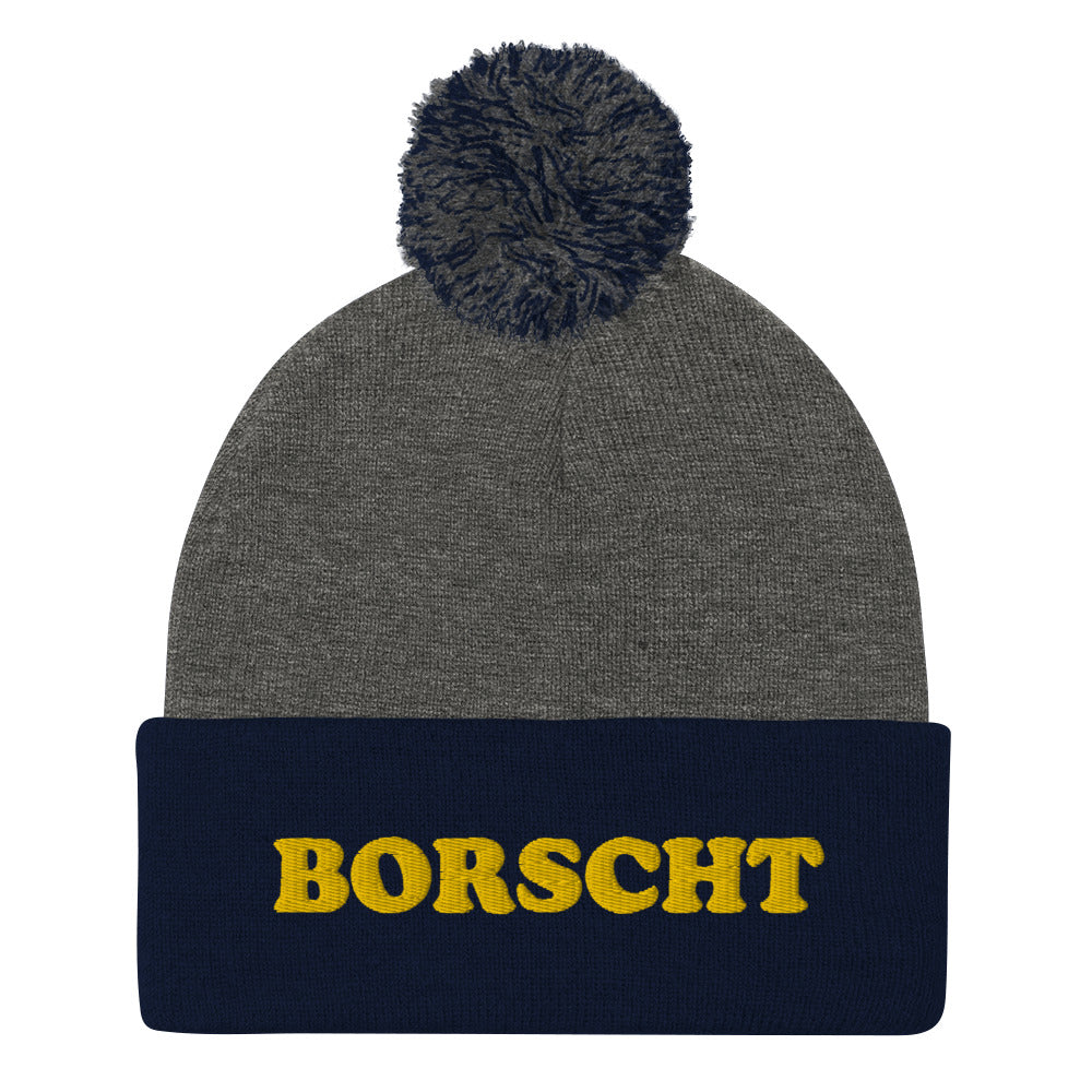 Navy blue and gray funny borscht beanie hat - Our unique borscht beanie hat is cozy and comfortable with a classic pom pom on top. It's a unique beanie with a weird design and it's just what every borscht lover needs. This borscht hat is a funny foodie beanie that celebrates a classic North Asian and Eastern European sour soup. Now you can eat borscht in style.