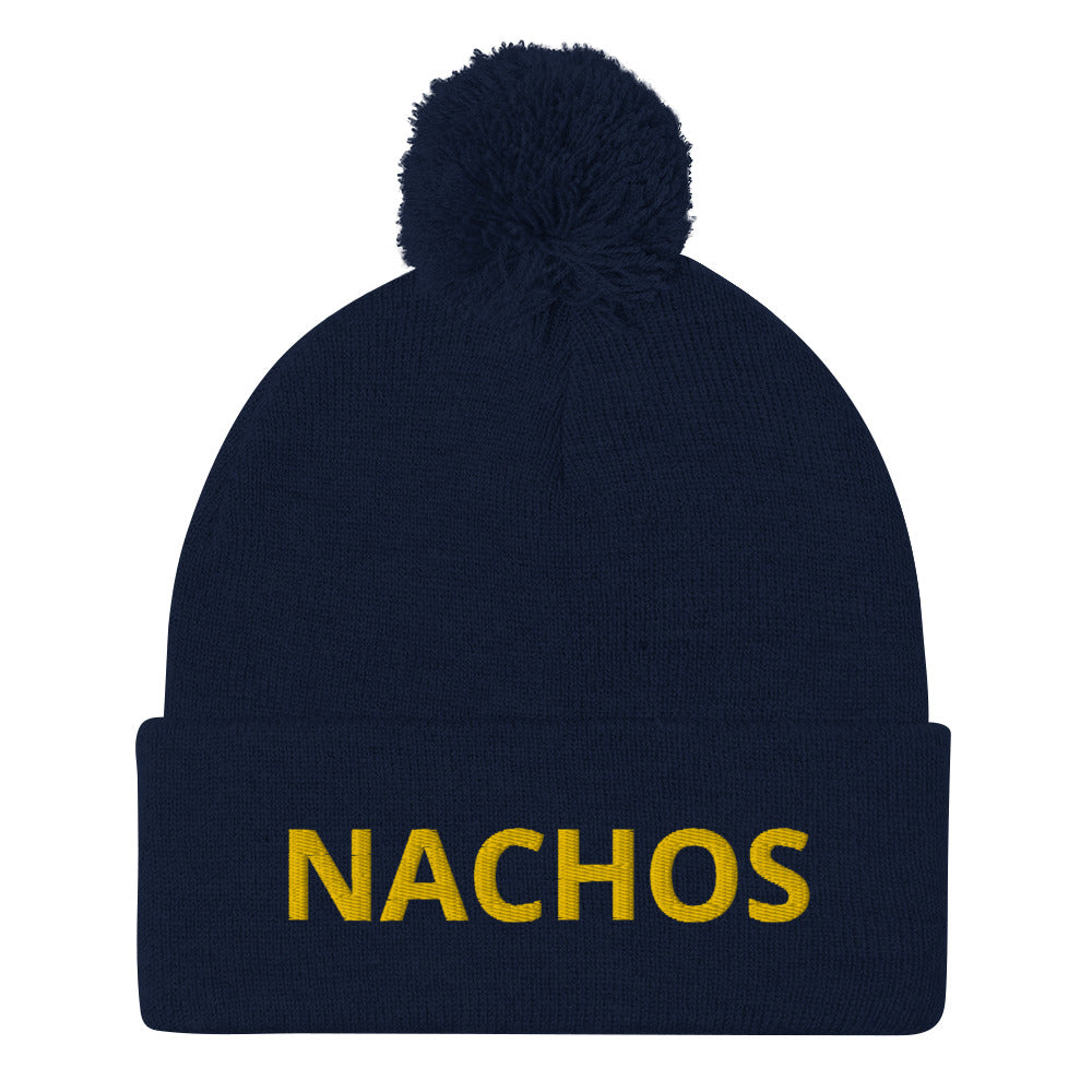 Navy nachos beanie - Love nachos? Looking for a funny hat for a foodie? Our Nachos Beanie is is comfortable, warm and expertly embroidered just for you. It's a classic beanie with a pom pom on tap, perfect for everyday streetwear or a gift for a nacho enthusiast.