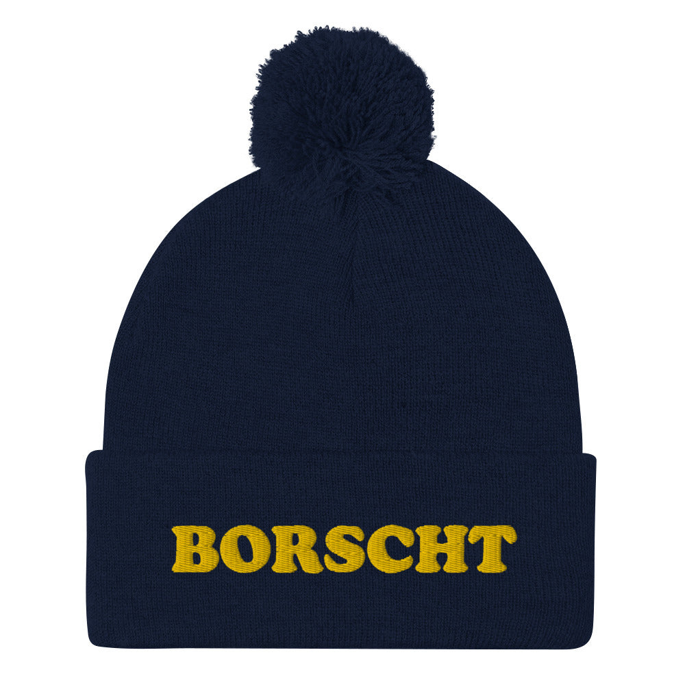 Navy blue and yellow funky foodie borscht beanie - Our unique borscht beanie hat is cozy and comfortable with a classic pom pom on top. It's a unique beanie with a weird design and it's just what every borscht lover needs. This borscht hat is a funny foodie beanie that celebrates a classic North Asian and Eastern European sour soup. Now you can eat borscht in style.