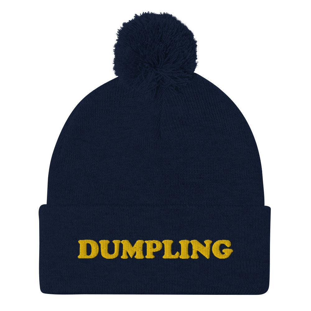 Navy blue dumpling hat - Are you a dumpling enthusiast? This dumpling beanie hat is all you've been missing. Now you can eat your favorite dumplings in a unique dumpling hat with a classic pom pom on top. Stay weird and stay warm in this cozy and unusual food beanie hat.  Celebrate your favorite dumplings in our funky foodie beanies & clothing.