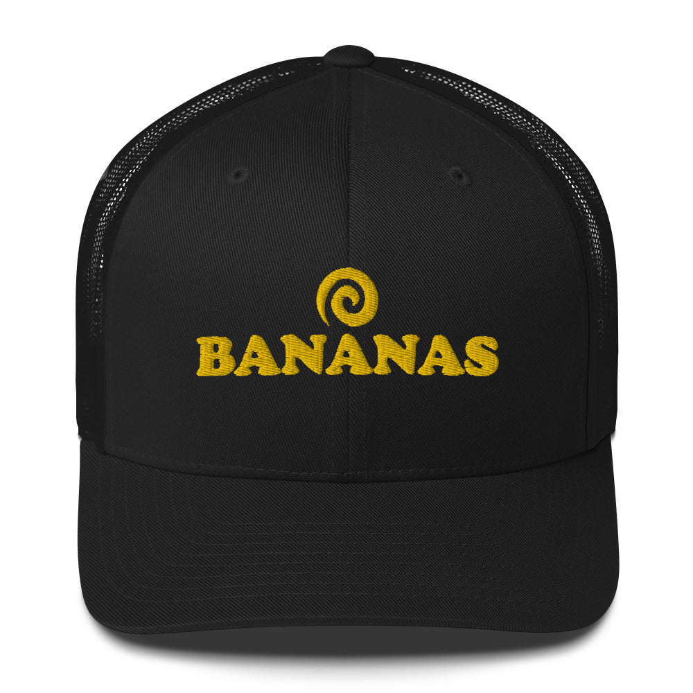 Black bananas hat - This Bananas trucker cap is a classic foodie hat for everyday with a unique banana lover embroidery. It's a comfortable and funny foodie trucker hat with a mesh back. Wear this weird trucker hat as an everyday accessory for banana lovers or give it as a unique gift for banana enthusiasts. This trucker hat is bananas.