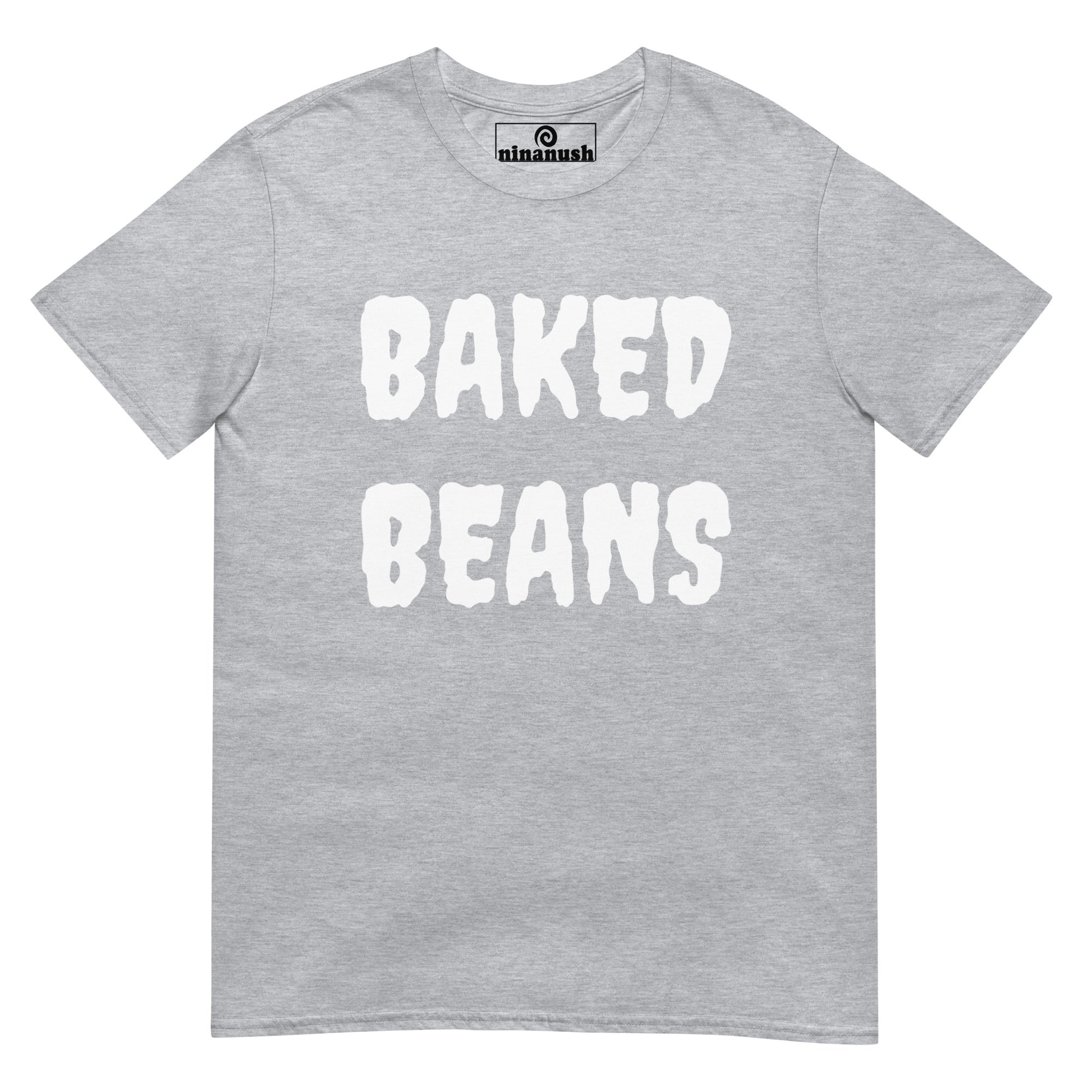 Light gray baked beans t-shirt from Nina's Funky Shop by ninanush - BAKED BEANS 🔥 Our Baked Beans Shirt is soft, comfortable and a funny food shirt for everyday. It's a classic cotton t-shirt for foodies with "Baked Beans", expertly printed on the front. Stand out and eat your favorite beans in this spooky t-shirt. The perfect shirt for baked bean enthusiasts and foodies of all kinds.
