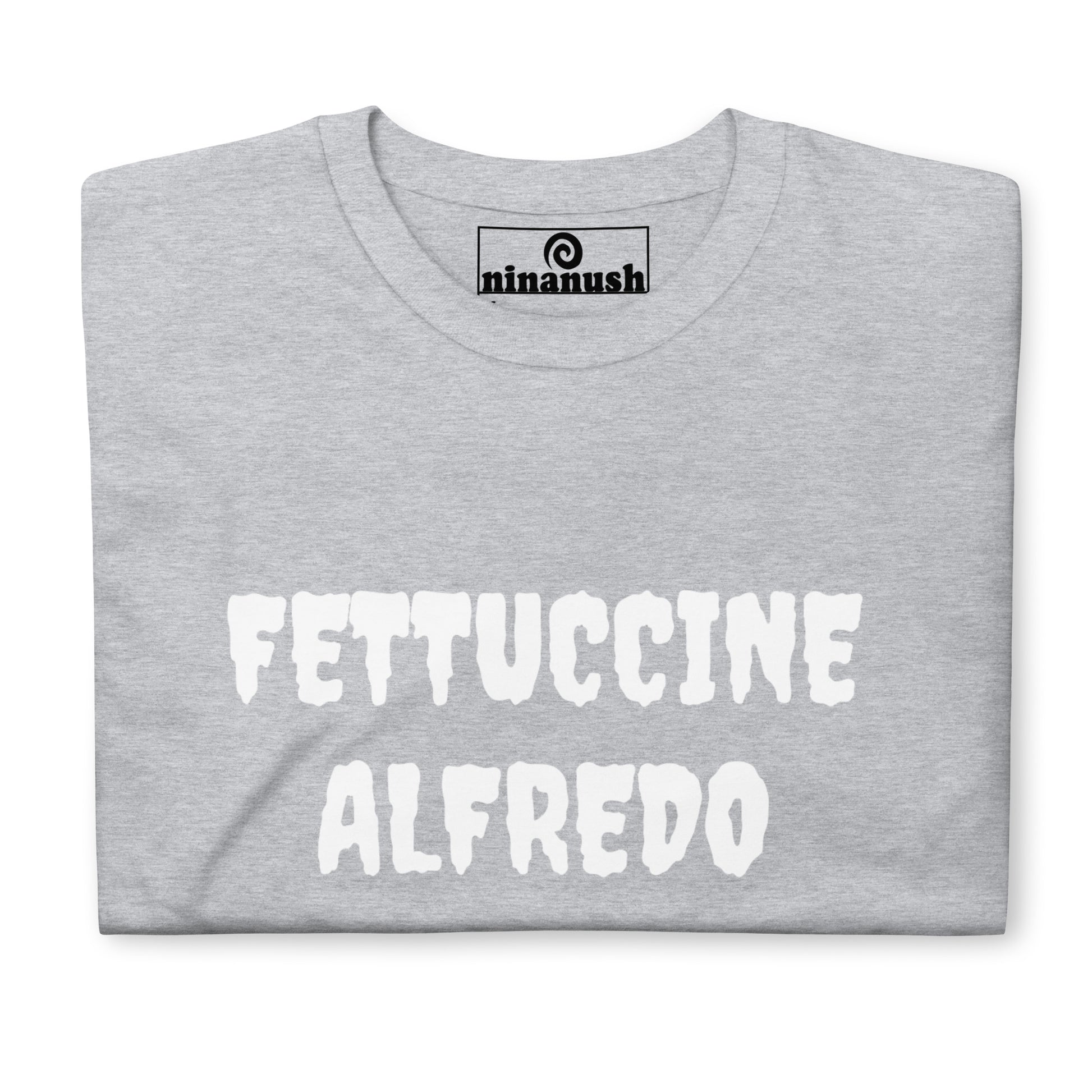 Funny food t-shirt for fettuccine Alfredo lovers in light gray and white - This fettuccine Alfredo lover t-shirt is soft, comfortable, and just a little weird. It's a funny food t-shirt that's a must-have shirt for foodies and fettuccine Alfredo enthusiasts. Eat fettuccine Alfredo in style or give it as a weird gift for food lovers. Celebrate your favorite foods in our funky foodie clothing. 