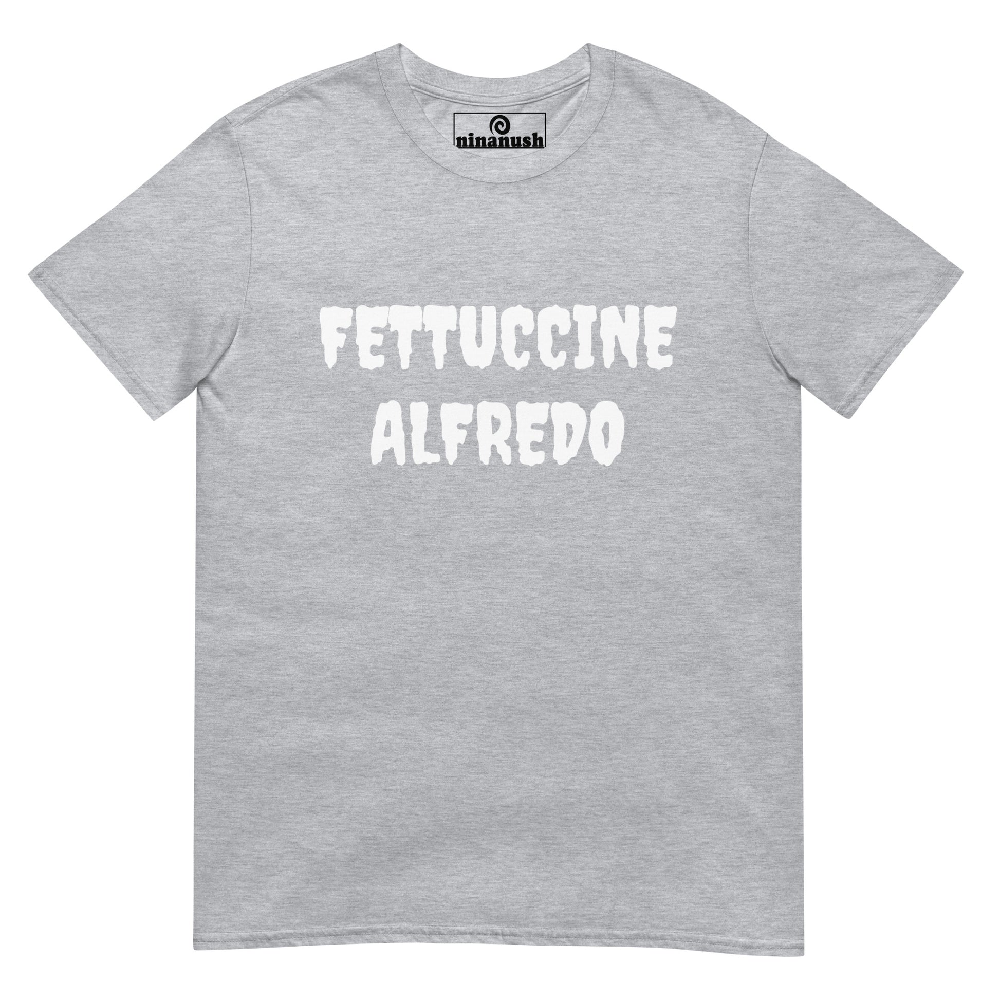 Light gray fettuccine Alfredo t-shirt - This fettuccine Alfredo lover t-shirt is soft, comfortable, and just a little weird. It's a funny food t-shirt that's a must-have shirt for foodies and fettuccine Alfredo enthusiasts. Eat fettuccine Alfredo in style or give it as a weird gift for food lovers. Celebrate your favorite foods in our funky foodie clothing. 