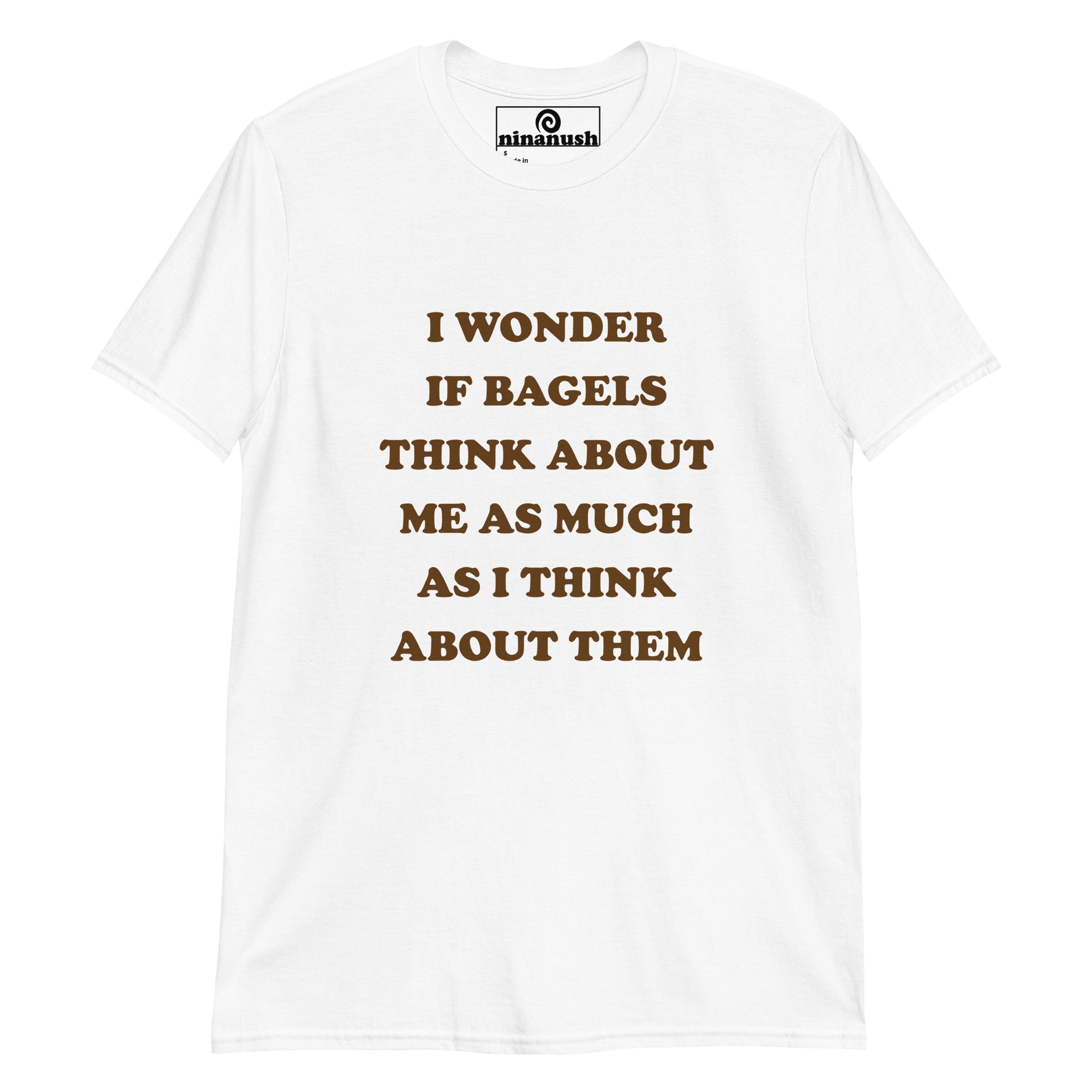 White funny bagel quote t-shirt for foodies - I wonder if bagels think about me as much as I think about them. Eat bagels in style in this funny bagel t-shirt or give it as a unique gift for bagel lovers. It's a classic t-shirt with a quirky, funny quote about bagels. Make a statement and celebrate your favorite bagels in our funky foodie clothing and accessories.