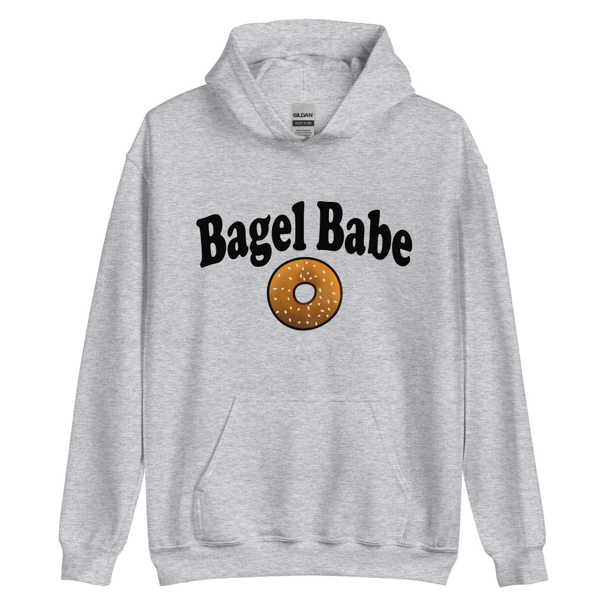 Gray bagel babe hoodie sweatshirt for bagel lovers - The Bagel Babe Hoodie is perfect for foodies and bagel enthusiasts, with its unique design and soft and cozy material. Its funny foodie design is the ideal gift for bagel lovers.  The original design is unique, comes in different colors and made just for you. Eat your bagels in style in a unique bagel hooded sweatshirt. 