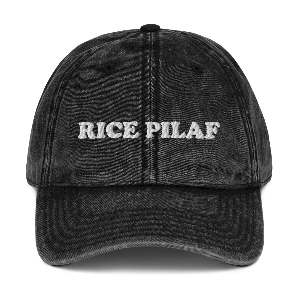 Black vintage dad hat for rice lovers - This rice pilaf dad hat is the perfect foodie accessory for every day. The vintage-style hat is unique and weird, making it a funny gift for foodies, ideal for the rice lover in your life. The adjustable back ensures the perfect fit and is great for everyday style. Wear it, love it, and make a statement in this foodie hat.