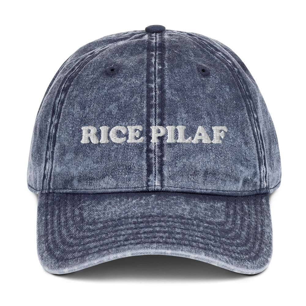 Funny vintage style blue dad hat for rice lovers - This rice pilaf dad hat is the perfect foodie accessory for every day. The vintage-style hat is unique and weird, making it a funny gift for foodies, ideal for the rice lover in your life. The adjustable back ensures the perfect fit and is great for everyday style. Wear it, love it, and make a statement in this foodie hat.